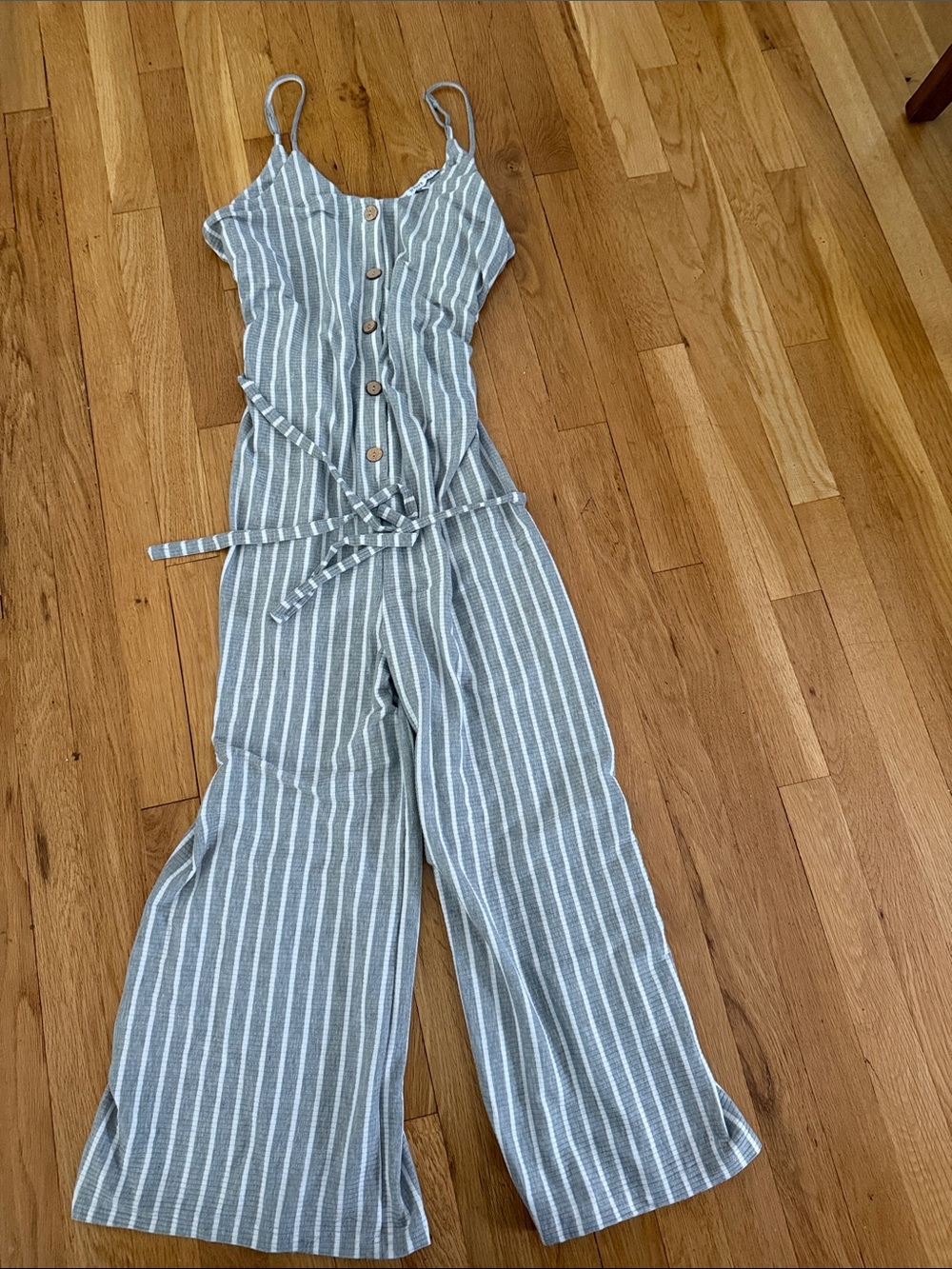 Striped Gray & White Wide-Leg Jumpsuit with Buttons